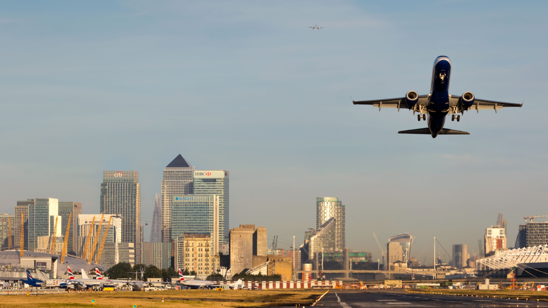 Plane landing at London City Airport.