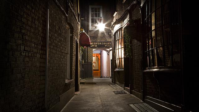 Dark alleyway that's part of the Jack the Ripper Walking Tour.