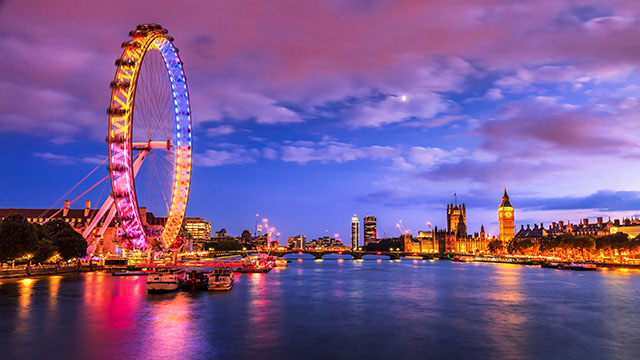 London skyline at dusk with Big Ben and the London Eye , © Shutterstock