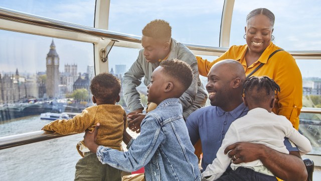 A family enjoy the amazing views from a pod as they ride The London Eye. 