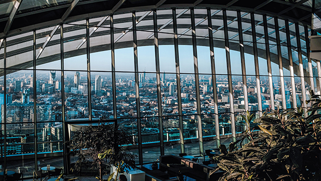View from the top terrace of Sky garden upon the city of London and its landscape.