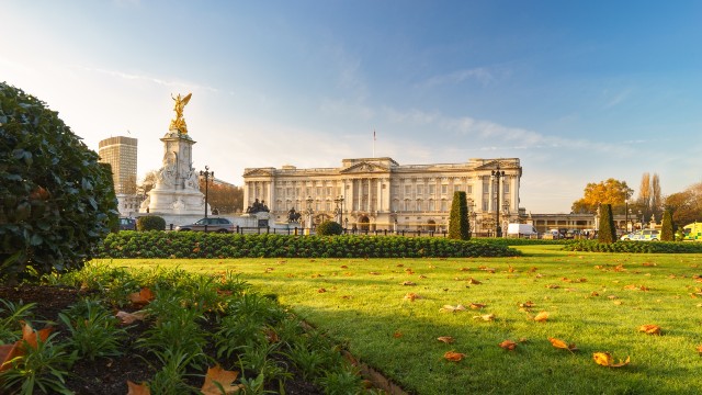 Buckingham Palace and the Victoria Memorial on a sunny day in autumn, with grass and autumn leaves in the foreground.
