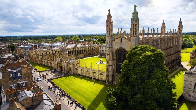Aerial view of Cambridge University and Kings College Chapel on a sunny day.
