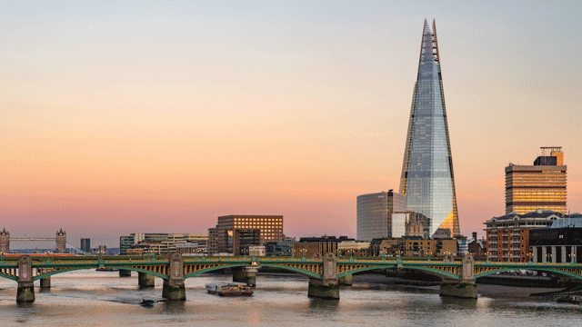 Two images, one of The shard with the river in front as the sky turns into shades of pink and orange, and one of a big crowd all talking within smaller groups at a rooftop bar or market, with fairy lights strung above them.