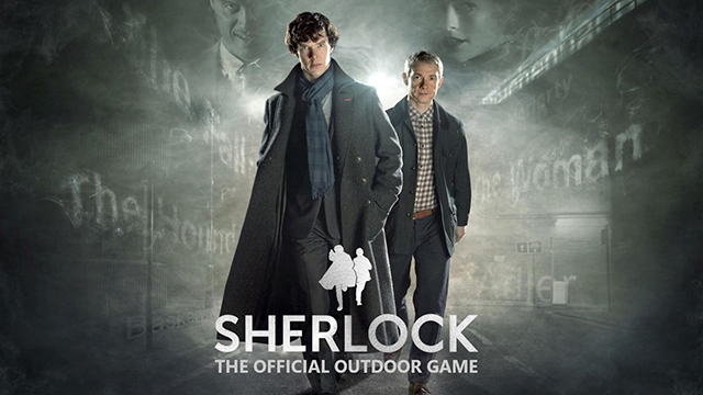 The promotional poster for Sherlock: The Outdoor Game, with the experience title and the characters of Sherlock and Doctor Watson from the TV show.