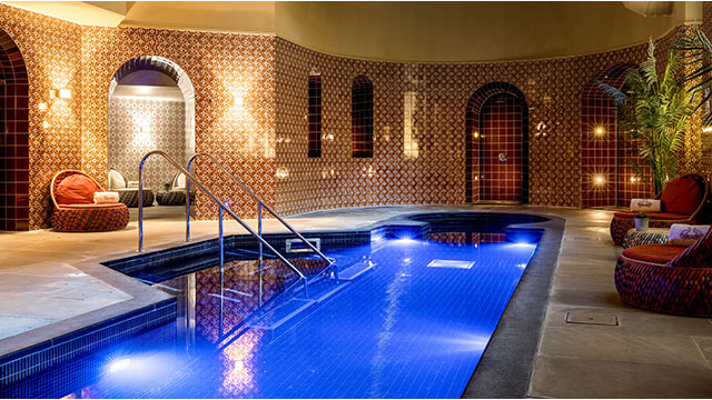A relaxing blue pool in the Victorian-inspired surroundings of the St Pancras Spa. 
