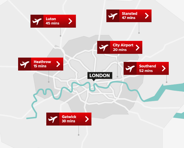 Map of London and its airports with the time it takes to reach central London by train