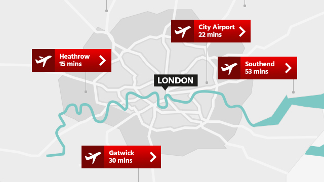 Map of London airports showing travel time to central London