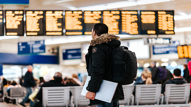 Un homme se tient face dans un hall de gare et regarde le tableau d'arrivées et de départs.