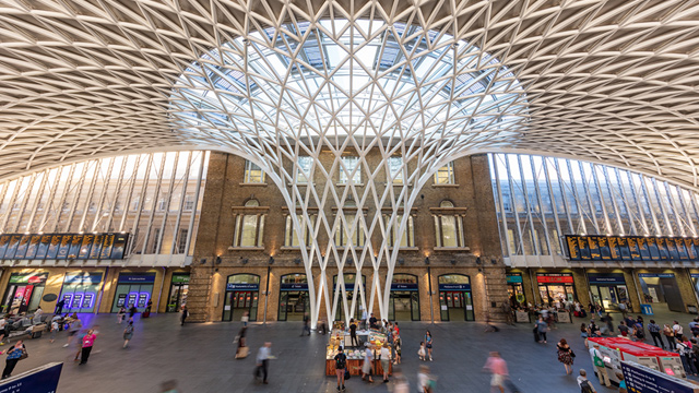 The iconic funnel-shaped ceiling at King's Cross train station in London