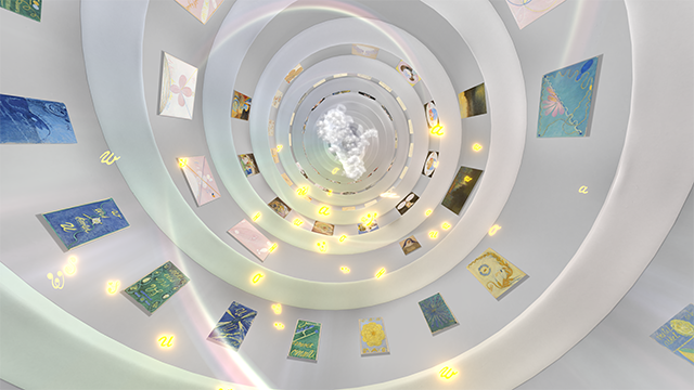 Spiralling temple showcasing Hilma af Klint's painting in an immersive experience at the Outernet.