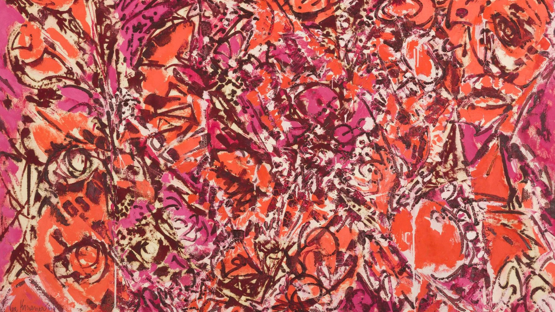 Bright orange and pink abstract painting by Lee Krasner as part of Lee Krasner: Living Colour exhibition at the Barbican