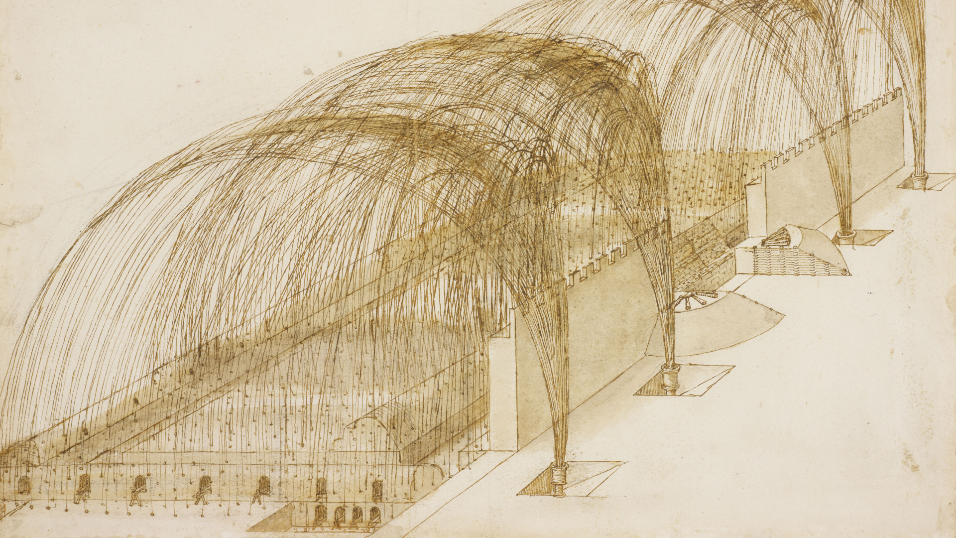 Drawing of mortars firing into a fortress as part of Leonardo da Vinci: A Life in Drawing exhibition at The Queen's Gallery, Buckingham Palace