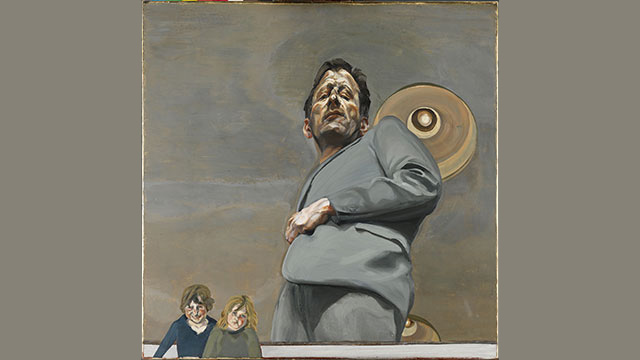A self-portrait of Lucian Freud dressed in grey with two small children in the bottom left.