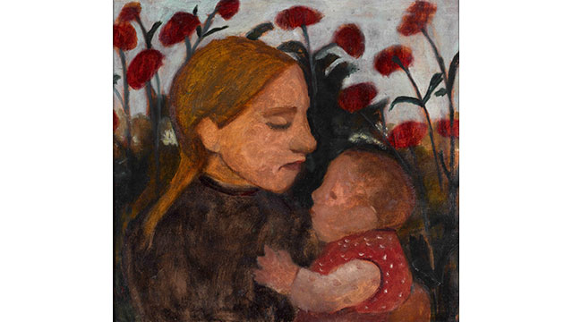 a painting of a girl with reddish brown hair holding a baby wearing a red outfit with red flowers in the background