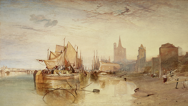 Painting by William Turner representing the arrival of a boat in the bustling port of Cologne.