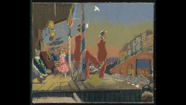 A painting of men in a red suits standing on Brighton Pier with a couple of pierrots in the background