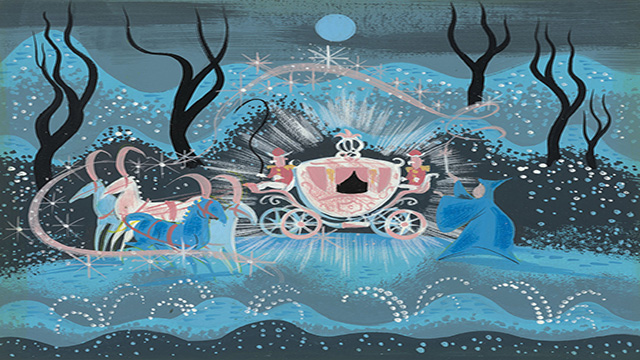 Gouache painting by painter Mary Blair where we can see Cendrillon on her carriage at night. 