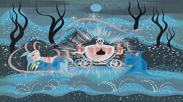 Gouache painting by painter Mary Blair where we can see Cendrillon on her carriage at night.