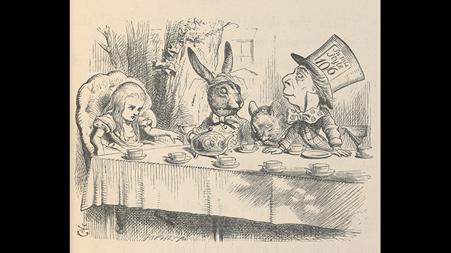 A pencil sketch of Alice, the March Hare and the Mad Hatter sitting at a table with a teapot, cups and saucers.