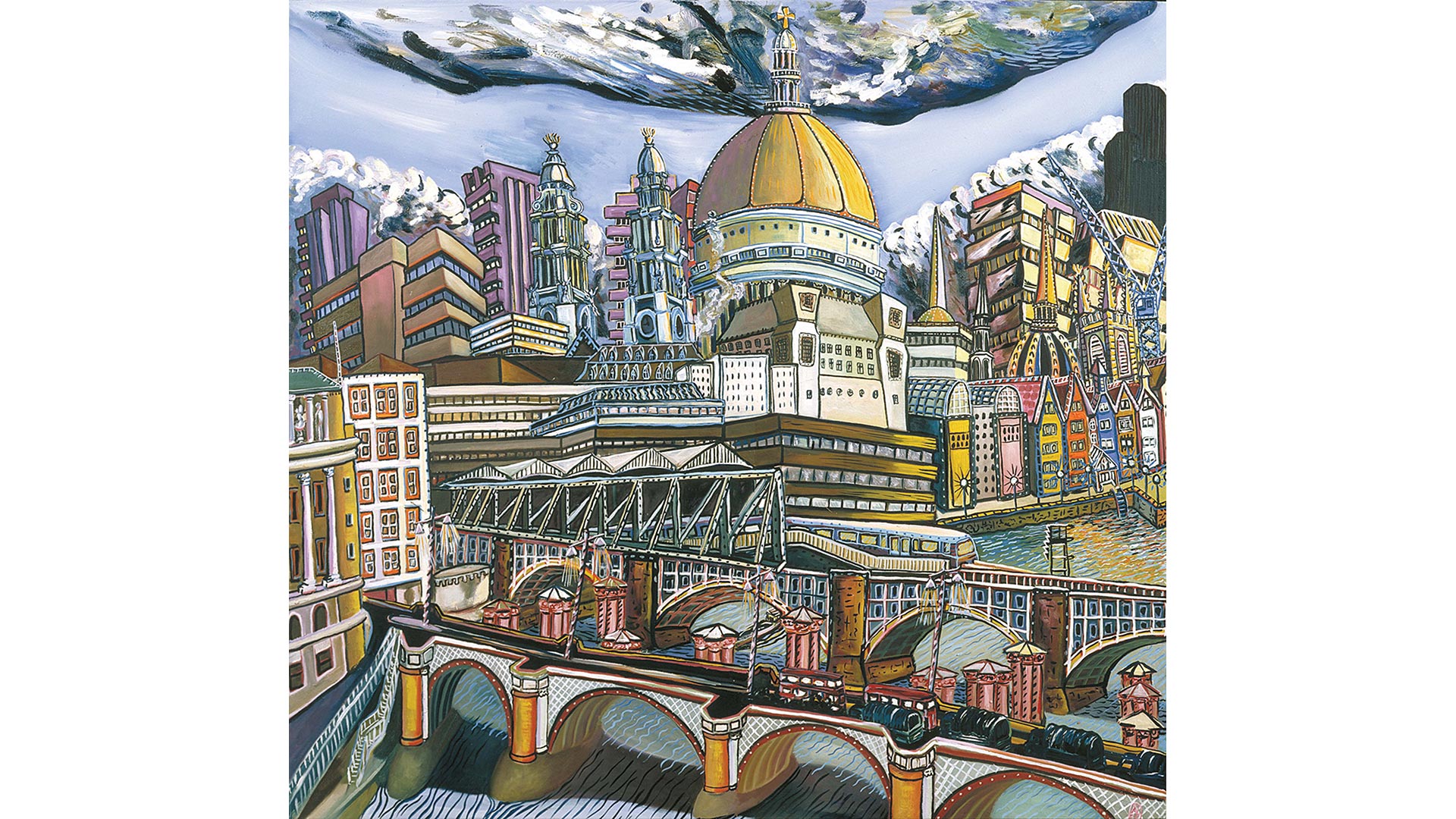 A painting of St Paul's Cathedral and Blackfriars Bridge, looking across from the south side of the Thames.