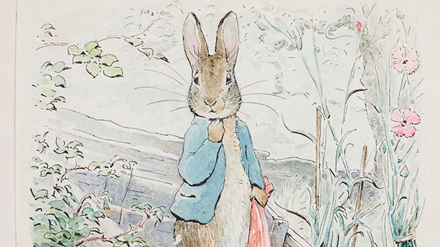 Dessin peint à l'aquarelle de Benjamin Bunny, un lapin habillé d'une veste bleue au milieu d'une forêt.