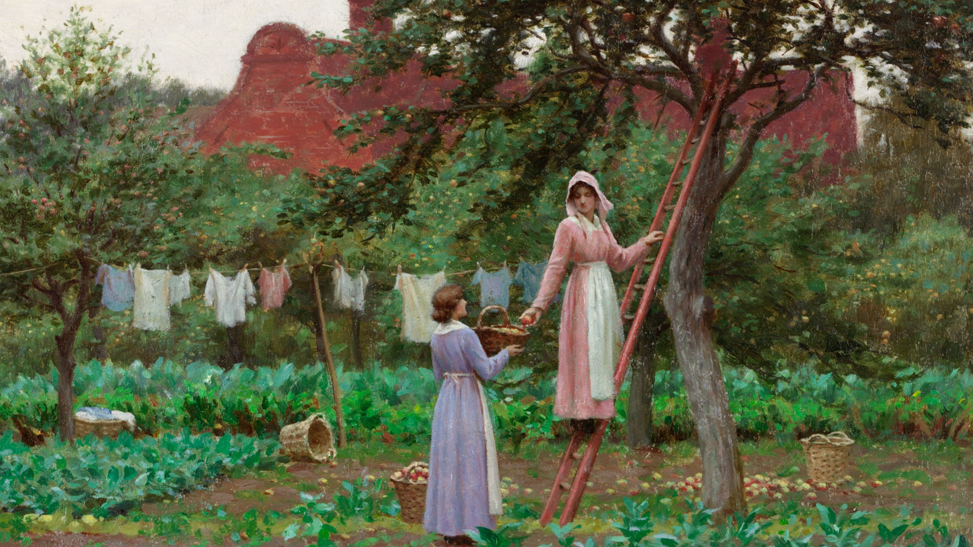 Two women in a garden by Edmund Blair Leighton as part of The Enchanted Garden exhibition at William Morris Gallery