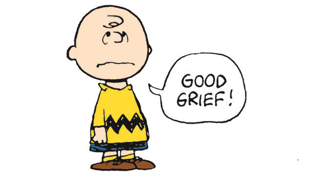 Cartoon drawing of the boy Charlie Brown with a despairing face. A speech bubble says Good Grief!