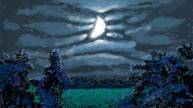 A David Hockney painting, showing a moonlit night, with grass, trees, clouds and a crescent moon.