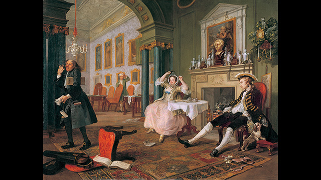 William Hogarth's painting depicting a man and woman slumped in a chair near a fireplace and servants looking the other way.