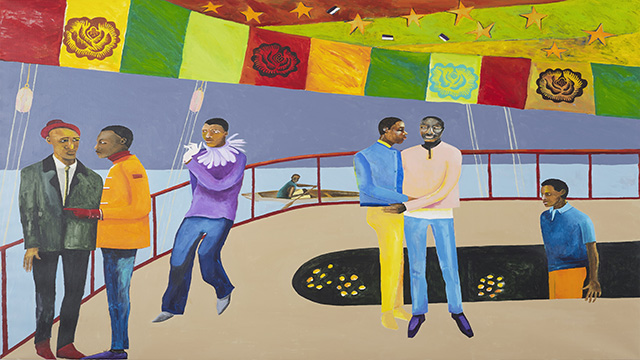 Six figures dressed in colourful clothing againt a colourful background in Lubaina Himid's work Ball on Shipboard.