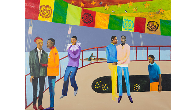 Six figures dressed in  colourful clothing againt a colourful background in Lubaina Himid's work Ball on Shipboard.