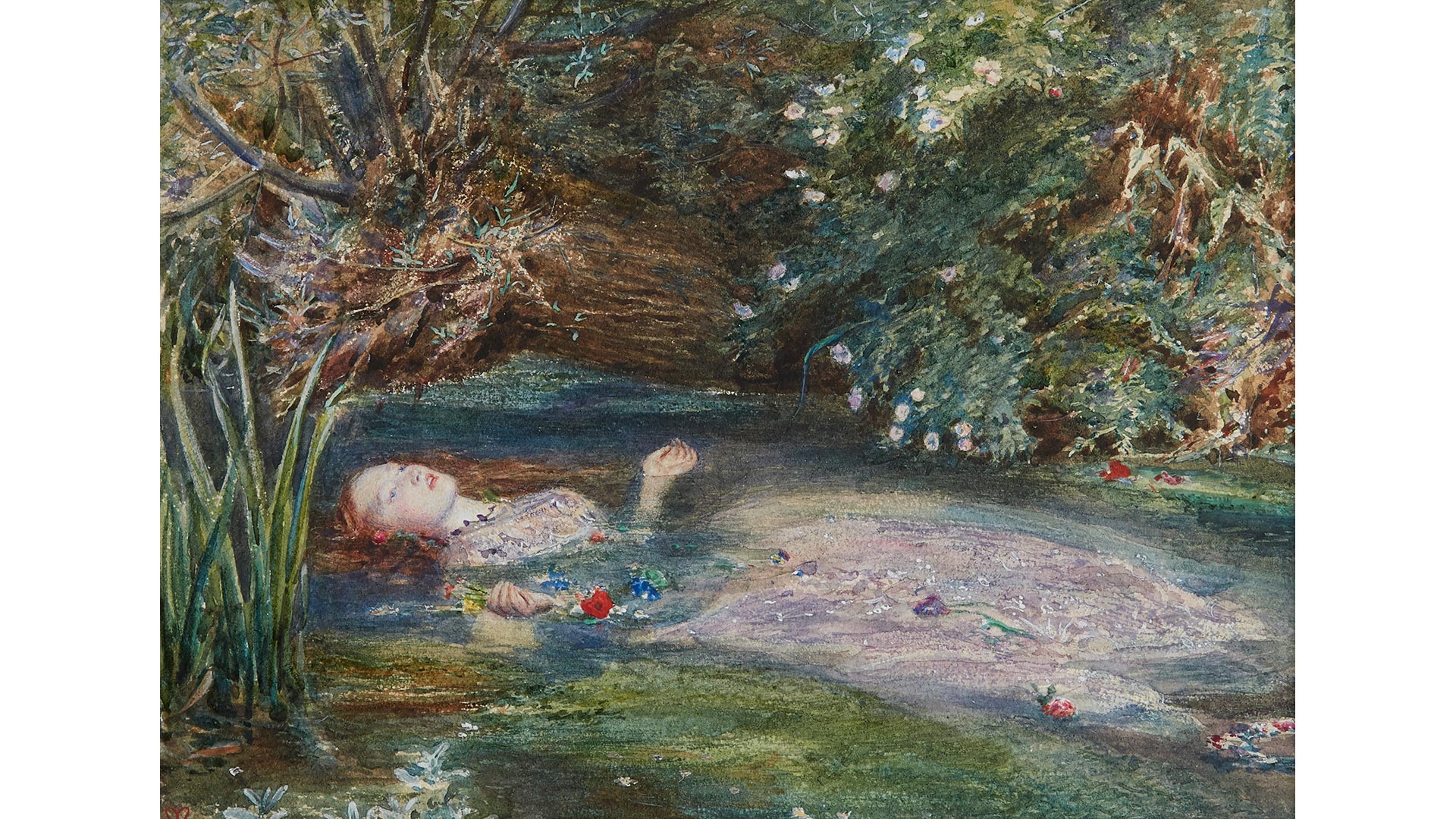 A painting of a lady, laying face up in a pool, surrounded by plants.