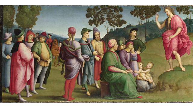 Raphael's painting Saint John the Baptist Preaching featuring people in coloured robes listening intently to a man in pink robes on the grass