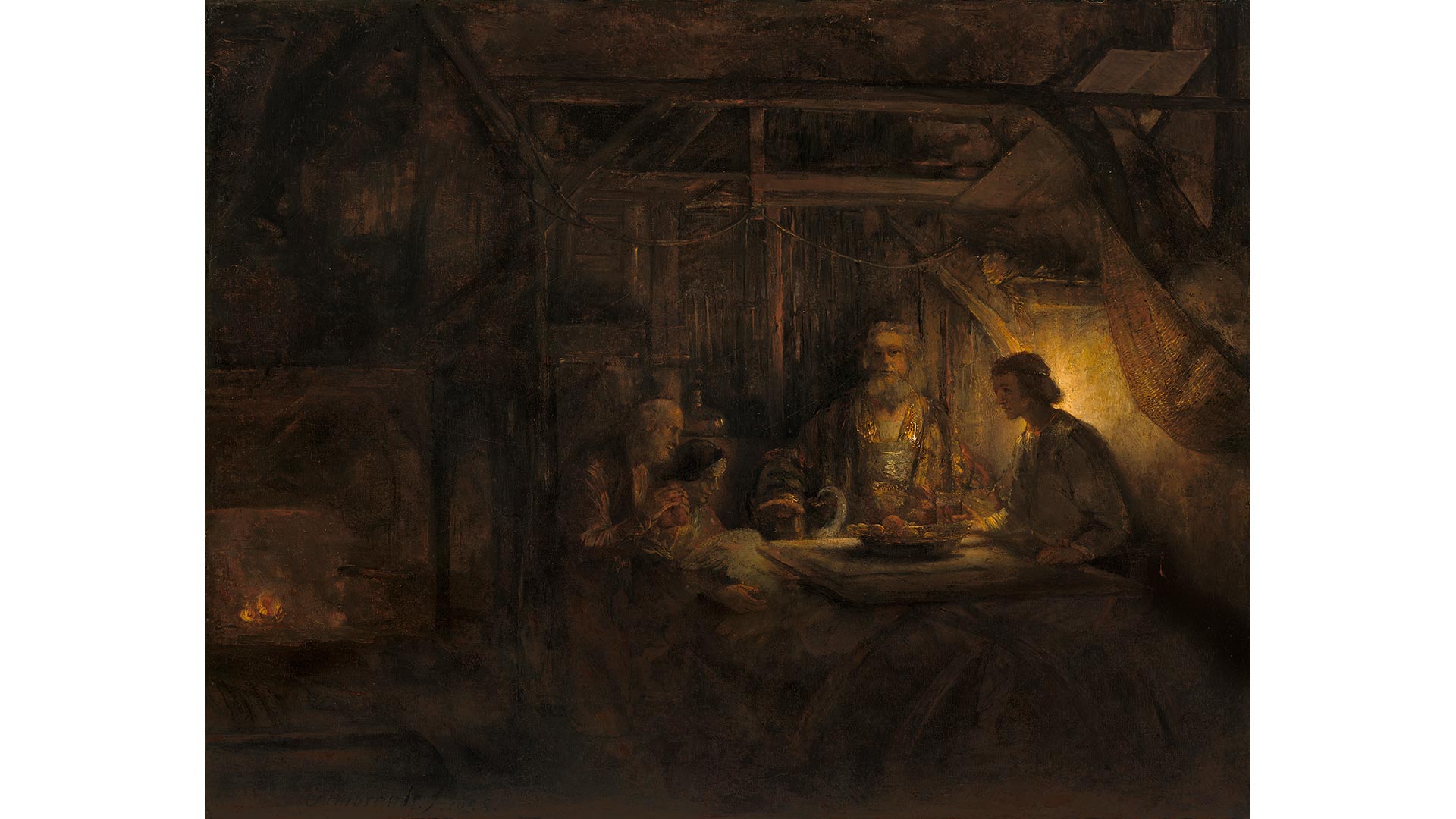 Rembrandt van Rijn's painting, Philemon and Baucis, showing four people gathered around a table, with a swan and a burning fire.