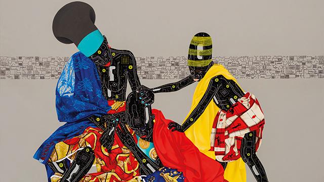 A pictue of two abstrat figures, one sitting, one leaning, dressed in colourful clothing.