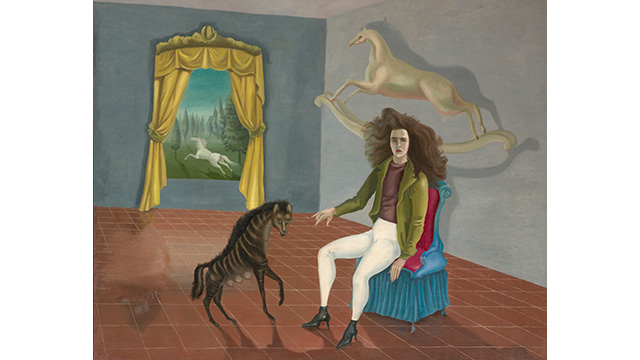Leonara Carrington's  surrealist work titled Self-Portrait, including a person sitting on a chair, a small hyena, rocking horse and a window with curtains.