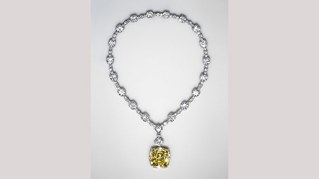 The Tiffany Diamond Necklace. Image courtesy of the Saatchi Gallery. A diamond Tiffany necklace with a large yellow one-carat diamond