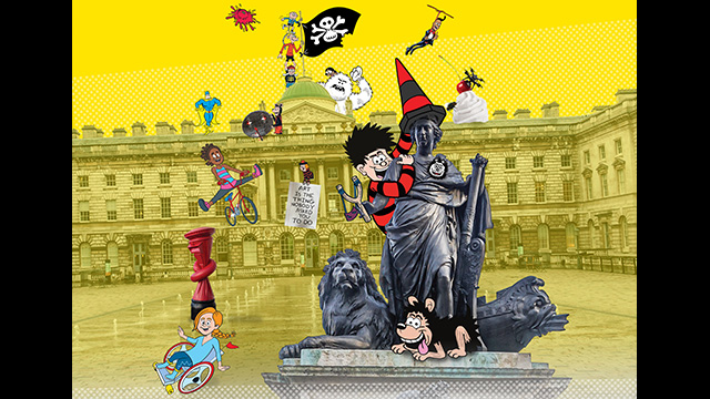 Cartoon characters from the Beano overliad onto a backgound of Somerset House's courtyard, with a yellow filter.