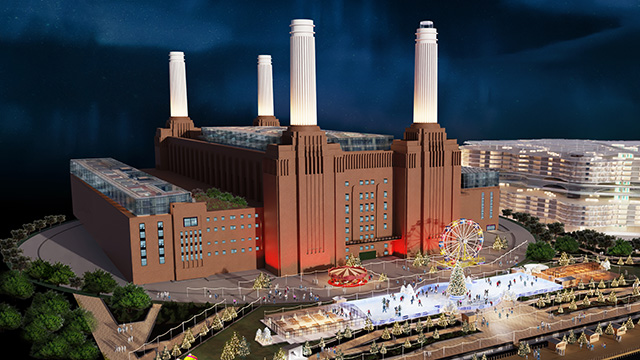 An electronic illustration of Battersea Power Station in London with the brand new ice skating rink at the front of the building. 