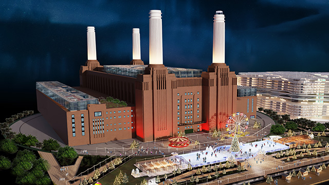 An electronic illustration of Battersea Power Station in London with the brand new ice skating rink at the front of the building.