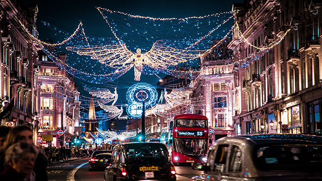 View on Regent Street and the christmas lights, including the famous angel made of fairy lights.