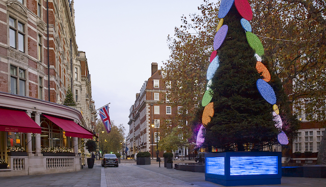 Christmas tree covered in large colourful shapes outside The Connaught hotel in London