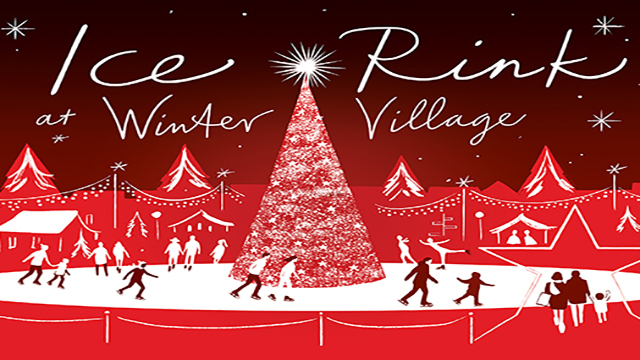 Eine Zeichnung eines Weihnachtsbaums, der in der Mitte einer Eisbahn im Westfield Winter Village steht, mit Familien und Freunden, die über das Eis gleiten, alles in den Farben Rot und Weiß.