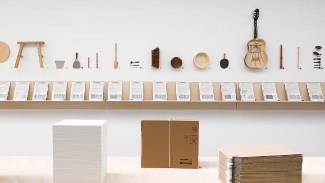 Find new artists at Kensington + Chelsea Art Week which starts this weekend. Credits: Lisa Baker Ltd. An exhibition in a bright room including wooden musical instruments and boxes.