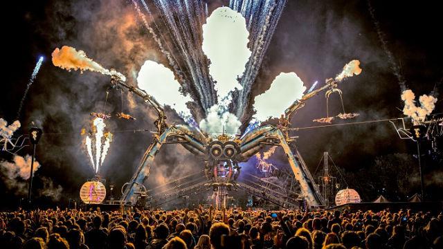 Pyrotechnics and robotics on the stage as part of Arcadia's Metamorphosis show. Image courtesy of Arcadia