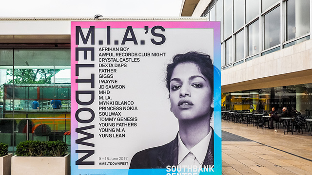 Billboard showing MIA's Meltdown festival programme at the Southbank Centre in London.
