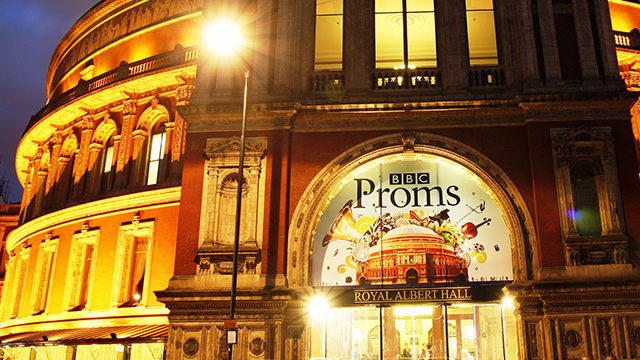Night view of Royal Albert Hall during the BBC Proms in London.