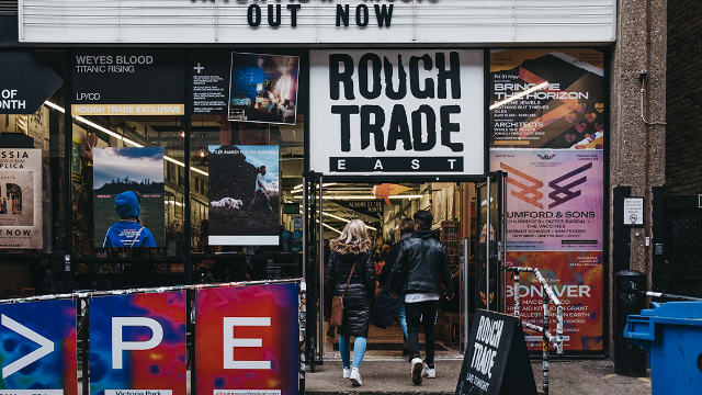 Entrance of Rough Trade East, Rough Trade Records' flagship UK store near Brick Lane in London.
