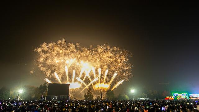 Orange and white fireworks explode above a crowd of people at night.